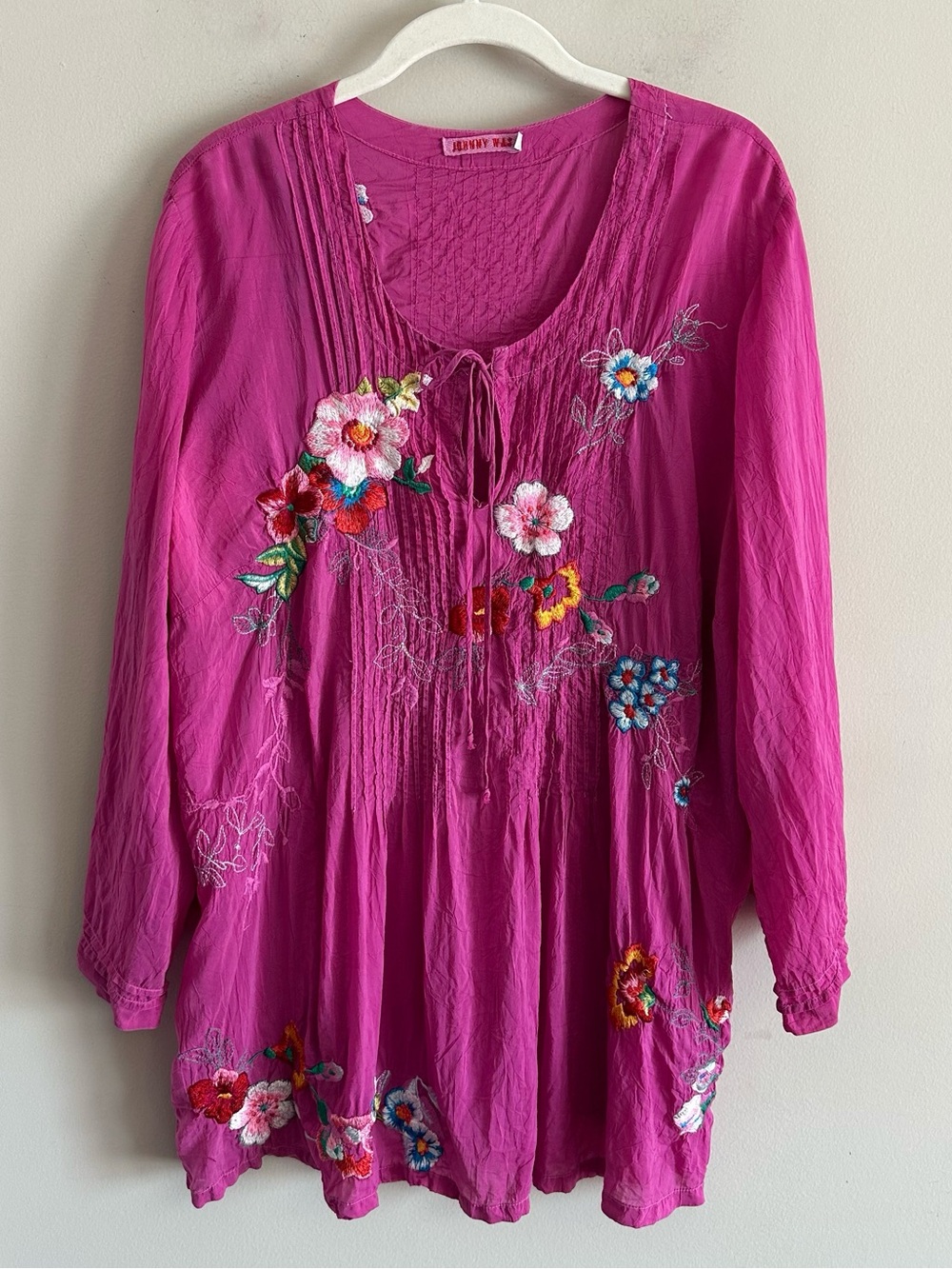 Johnny Was Floral Embroidered Blouse Top Orchid Pink Cupra Rayon Boho Gypsy 1X